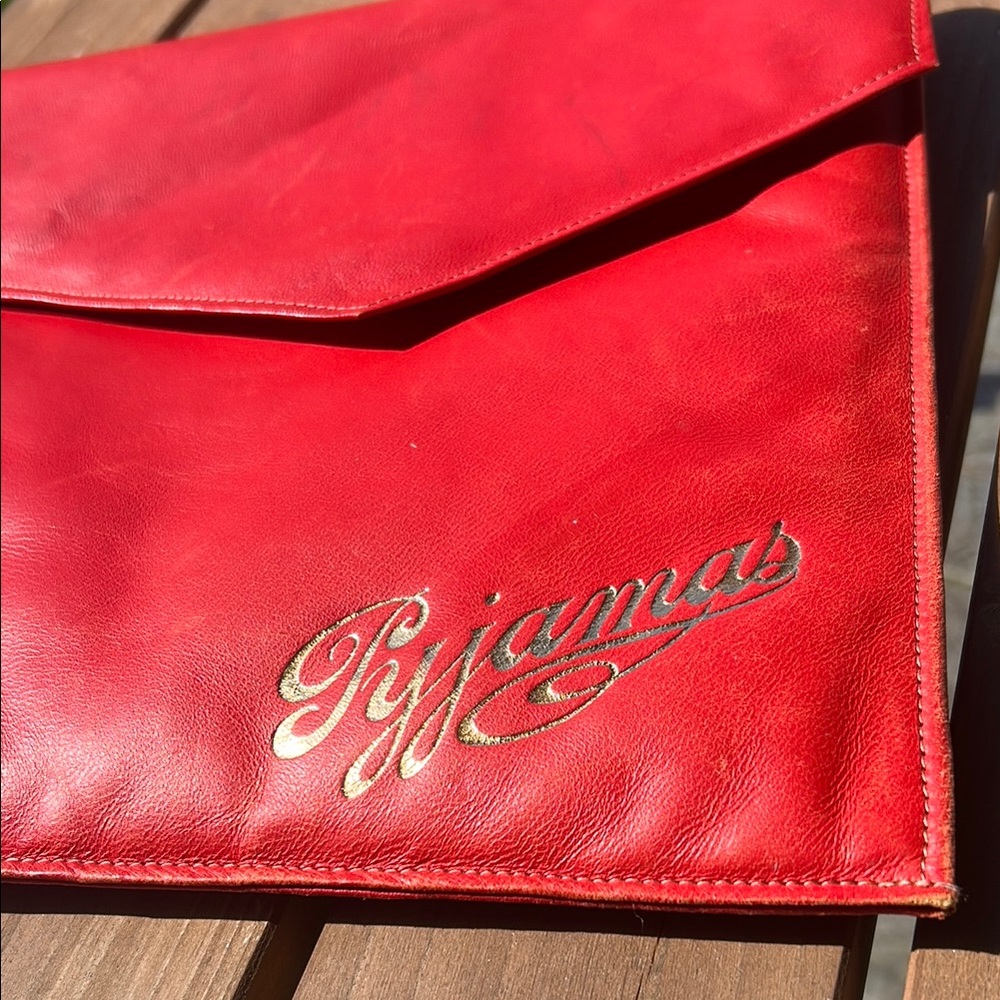 VINTAGE | Red Leather Pouch Bag with Gold Script Pyjamas Delicates Lingerie